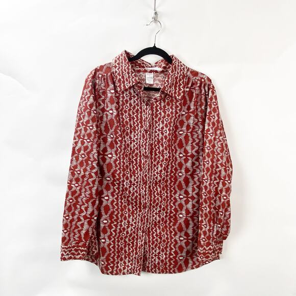 Roaman's 2X Plus Womens Red White Geometric Southwestern Button Front Shirt - Picture 1 of 7